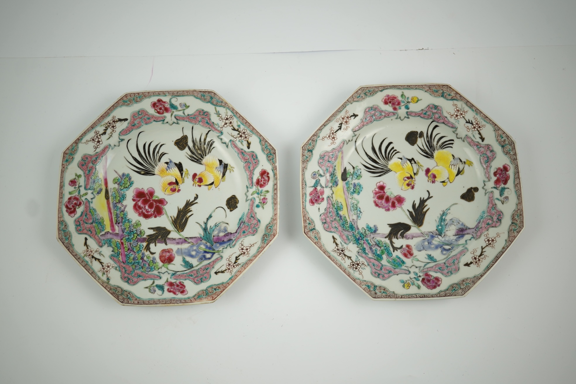 A pair of Chinese famille rose ‘cockerel’ octagonal plates, Yongzheng period